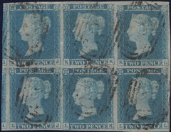 129986 1841 2D BLUE PL.3 (SG14) USED BLOCK OF SIX.