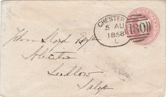 130035 1858 1D PINK ENVELOPE CHESTER TO LUDLOW WITH CHESTER SPOON (RA32) AND 'RAILWAY-STATION' STRAIGHT LINE HAND STAMP OF CHESTER.