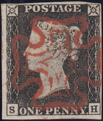 131101 1840 MATCHED PAIR 1D BLACK PL.1A (SG2) LETTERED SH WITH RED AND BLACK MALTESE CROSSES.