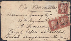 131325 1855 ENVELOPE (DAMAGED) FROM CASTLEWELLAN, CO. DOWN TO THE CRIMEA WITH DIE 2 1D PL.6 (SG21) X 3.