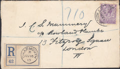 131455 1913 REGISTERED MAIL CHARMOUTH TO LONDON WITH UNAPPROPRIATED REGISTERED LABEL.