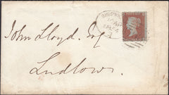 131551 1854 1D ARCHER EXPERIMENTAL PERFORATION PLATE 93 (SG16b)(KD) ON COVER SHREWSBURY TO LUDLOW WITH 'SHREWSBURY/708' SPOON CANCELLATION.