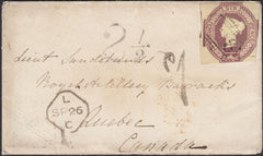 131557 1856 MAIL HYTHE, KENT TO QUEBEC WITH 6D EMBOSSED (SG58).