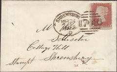 131572 1855 MAIL USED IN SHREWSBURY WITH 'SHREWSBURY/708' SPOON (RA116) AND 'BERRINGTON' UDC.