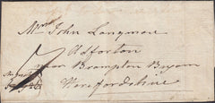 131591 CIRCA 1820 BRIDGNORTH TO BRAMPTON BRYAN, HEREFORDSHIRE WITH MANUSCRIPT 'MIFSENT TO LEOMINSTER'.