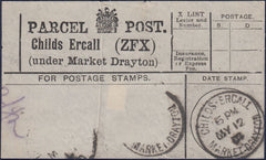 131686 1902-1930 'CHILDS ERCALL/(UNDER MARKET DRAYTON)' PARCEL POST LABELS AND 'CHILDS.ERCALL/MARKET DRAYTON' DATE STAMP.