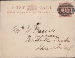 131705 1898 ½D BROWN POST CARD CHIRBURY, SHROPS TO SHREWSBURY WITH 'C07' 3HOS NUMERAL OF CHIRBURY, LAST RECORDED DATE OF USE.