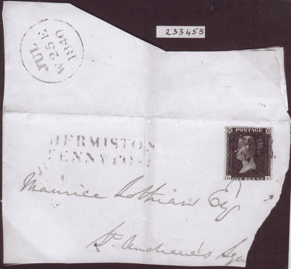 131741 1840 PIECE WITH 1D BLACK PL.1B (SG2)(OL) CANCELLED MALTESE CROSS OF HERMISTON IN MAGENTA (SPEC A1vd) AND 'HERMISTON/PENNY POST' HAND STAMP SAME SHADE.