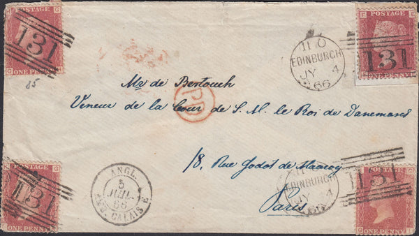 131748 1866 MAIL EDINBURGH TO PARIS WITH 4D RATE PAID 1D (SG43) X 4 FROM MIXED PLATES, STAMPS PLACED ON FOUR CORNERS OF THE ENVELOPE.