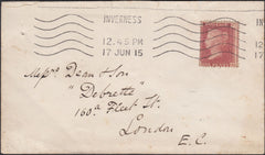 131750 1915 VERY LATE USE 1872 1D PL.157 (SG43) ON COVER INVERNESS TO LONDON.