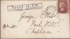 131777 1868 MAIL USED IN LONDON WITH 'FOUND IN S.W./WITHOUT CONTENTS'  INSTRUCTIONAL HAND STAMP.