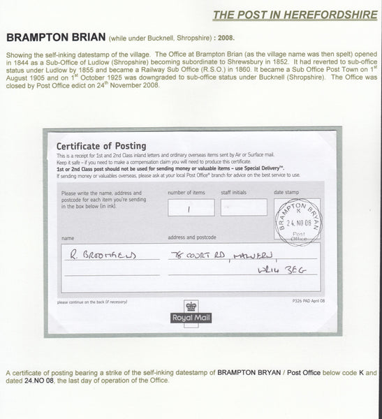 131878 LAST DAY OF USE CANCELLATIONS 'BRAMPTON BRYAN' POST OFFICE, HEREFORDSHIRE (5 ITEMS).