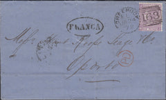 131891 1872 'GREENOCK/163' DOTTED CIRCLE POST MARK TYPE 2 (RA36) ON MAIL TO OPORTO WITH 6D MAUVE (SG109).