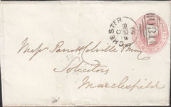 132148 1859 1D PINK ENVELOPE CHESTER TO MACCLESFIELD WITH 'CREWE-STATION' DATE STAMP.
