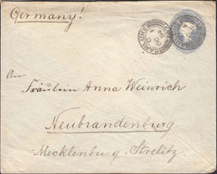 132153 1894 MAIL CARLUKE, LANARKSHIRE TO GERMANY WITH 'BRAIDWOOD STATION' DATE STAMP.