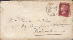 132159 1860 MAIL GLASGOW TO GREENOCK WITH 'BLANTYRE STATION' SCOTS LOCAL TYPE III HAND STAMP.