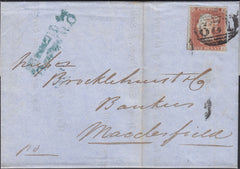 132163 1851 MAIL BRIGG TO MACCLESFIELD WITH 'MISSENT TO/DERBY R.O' HAND STAMP IN BLUE-GREEN.