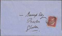 132166 1859 MAIL MONMOUTH TO GLOSTER WITH 'GLOSTER-STATION' DATE STAMP IN BLUE.