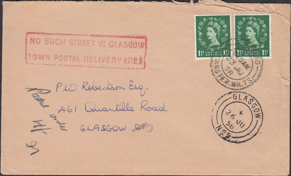 132177 1958 UNDELIVERED MAIL CODFORD, WILTS TO GLASGOW WITH 'NO SUCH STREET IN GLASGOW/TOWN POSTAL DELIVERY AREA' HAND STAMP.