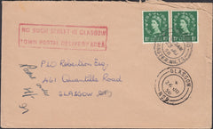 132177 1958 UNDELIVERED MAIL CODFORD, WILTS TO GLASGOW WITH 'NO SUCH STREET IN GLASGOW/TOWN POSTAL DELIVERY AREA' HAND STAMP.