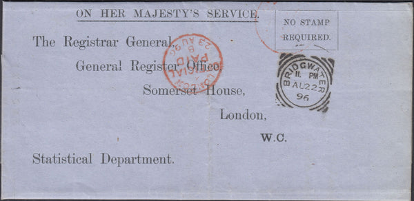 132191 1896 'SOMERSET HOUSE' PRINTED LETTER BRIDGWATER TO LONDON WITH 'BRIDGWATER' SQUARED CIRCLE.