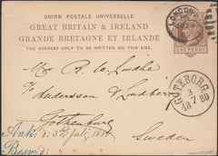 132447 1880 1D BROWN UPU POST CARD FROM STANLEY GIBBONS IN LONDON TO SWEDEN.