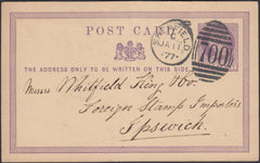 132448 1877 ½D MAUVE POST CARD SHEFFIELD TO 'WHITFIELD KING' STAMP DEALERS OF IPSWICH.