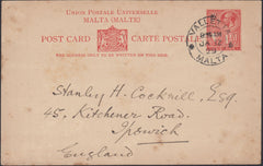 132450 1929 MALTA 1½D UPU POST CARD TO 'STANLEY COCKRILL' STAMP DEALER OF IPSWICH.