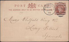 132452 1886 ½D BROWN POST CARD PLYMOUTH TO 'WHITFIELD KING' STAMP DEALERS OF IPSWICH.