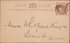 132453 1886 QV ½D BROWN POST CARD LONDON TO 'WHITFIELD KING' STAMP DEALERS OF IPSWICH.
