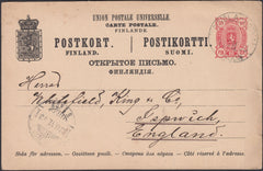 132455 1893 FINNISH 10P UPU POST CARD FINLAND TO 'WHITFIELD KING' STAMP DEALERS OF IPSWICH.