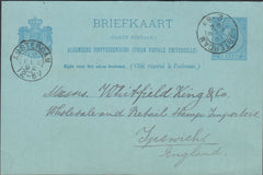 132459 1892 NEDERLAND 5C BLUE UPU POST CARD TO 'WHITFIELD KING' STAMP DEALERS OF IPSWICH.