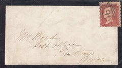 132479 1868 MOURNING ENVELOPE ROBOROUGH, DEVON TO TIVERTON WITH 'B96' NUMERAL.