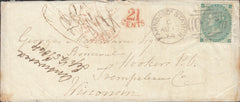 133105 1864 MAIL FARNBOROUGH STATION, HANTS TO USA WITH 1S GREEN (SG90) "FARNBORO' STATION/023" DUPLEX.