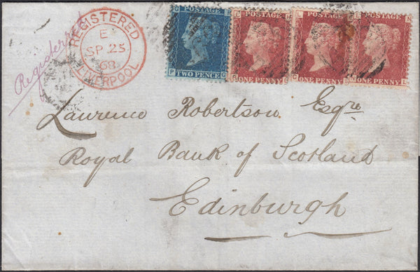 133198 1868 REGISTERED MAIL LIVERPOOL TO EDINBURGH WITH 1D (SG43) X 3 AND 2D (SG45) COMBINATION.
