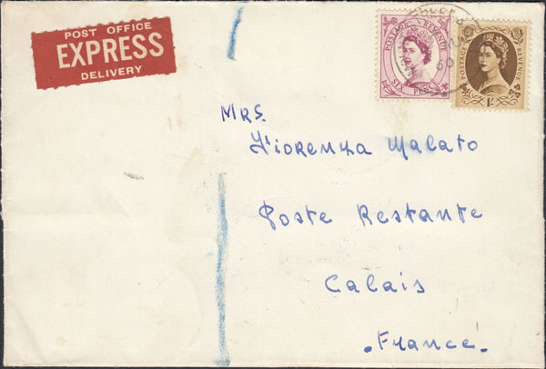 133275 1960 'POSTE RESTANTE' EXPRESS MAIL LONDON TO CALAIS WITH WILDINGS AND FRENCH POSTAGE DUE.