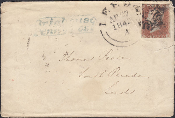 133316 1842 MAIL HALIFAX TO LEEDS WITH 'BRIGHOUSE/PENNY POST' HAND STAMP (YK585) AND WAFER SEAL.
