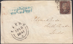 133320 1841 MAIL HALIFAX TO LEEDS WITH 'BRIGHOUSE/PENNY POST' HAND STAMP (YK585) AND WAFER SEAL.