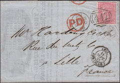 133339 1858 MAIL LEEDS TO LILLE, FRANCE WITH 4D CARMINE (SG66a), SUPERB ILLUSTRATED BILLHEAD.