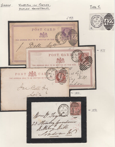 133484 COLLECTION OF 'KINGSTON ON THAMES/422' DUPLEX CANCELLATIONS 1859-1896 (26 ITEMS).