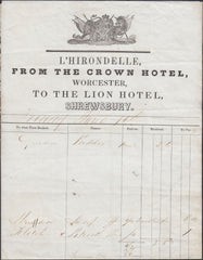 133526 CIRCA 1838 WAYBILL EX MAILCOACH 'L'HIRONDELLE' FROM CROWN HOTEL, WORCESTER TO THE LION HOTEL, SHREWSBURY.