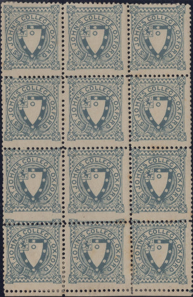 133827 1884 ST JOHN'S COLLEGE, OXFORD ½D GREY-BLUE (CS17) MINT BLOCK OF TWELVE SHOWING DIFFERENT TRANSFER TYPES.