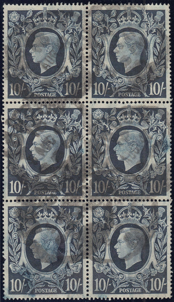 134085 1939 10S DARK BLUE (SG478) USED BLOCK OF SIX WITH VARIETY 'RETOUCH TO LOWER LIP' (SPEC Q32e).