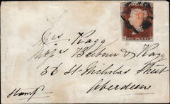 134119 1843 MAIL MONYMUSK, ABERDEENSHIRE TO ABERDEEN WITH 1D (SG8) AND 'MONEY/MUSK' HAND STAMP.