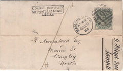 134298 1883 SAMPLE MAIL MANCHESTER TO BINGLEY CHARGED '1D' WITH 'Closed contrary/to regulations/498' INSTRUCTIONAL HAND STAMP.