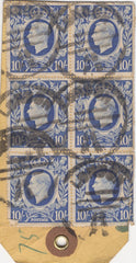 134389 UNDATED PARCEL TAG KGVI 1924 10S ULTRAMARINE (SG478b) X 7, 5S RED (SG477) AND LOW VALUES.