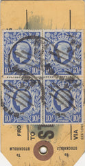 134391 UNDATED PARCEL TAG KGVI 1942 10S ULTRAMARINE (SG478b) BLOCK OF FOUR AND LOW VALUES.