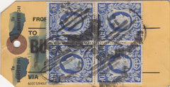 134396 UNDATED PARCEL TAG KGVI 1942 10S ULTRAMARINE (SG478b) BLOCK OF FOUR, 5S RED (SG477) AND LOW VALUES.