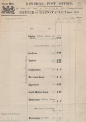 134493 1896 G.P.O. 'TIME BILL' FOR THE MAIL TRAIN EXETER TO BARNSTAPLE AND BARNSTAPLE BACK TO EXETER.
