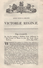 134500 1846 ACT 'FOR MAKING A RAILWAY FROM ASHBURTON IN THE COUNTY OF DEVON TO JOIN THE SOUTH DEVON RAILWAY'.